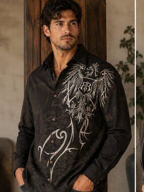 Roar Men’s Gothic Eagle Embroidered Long Sleeve Button Down Shirt